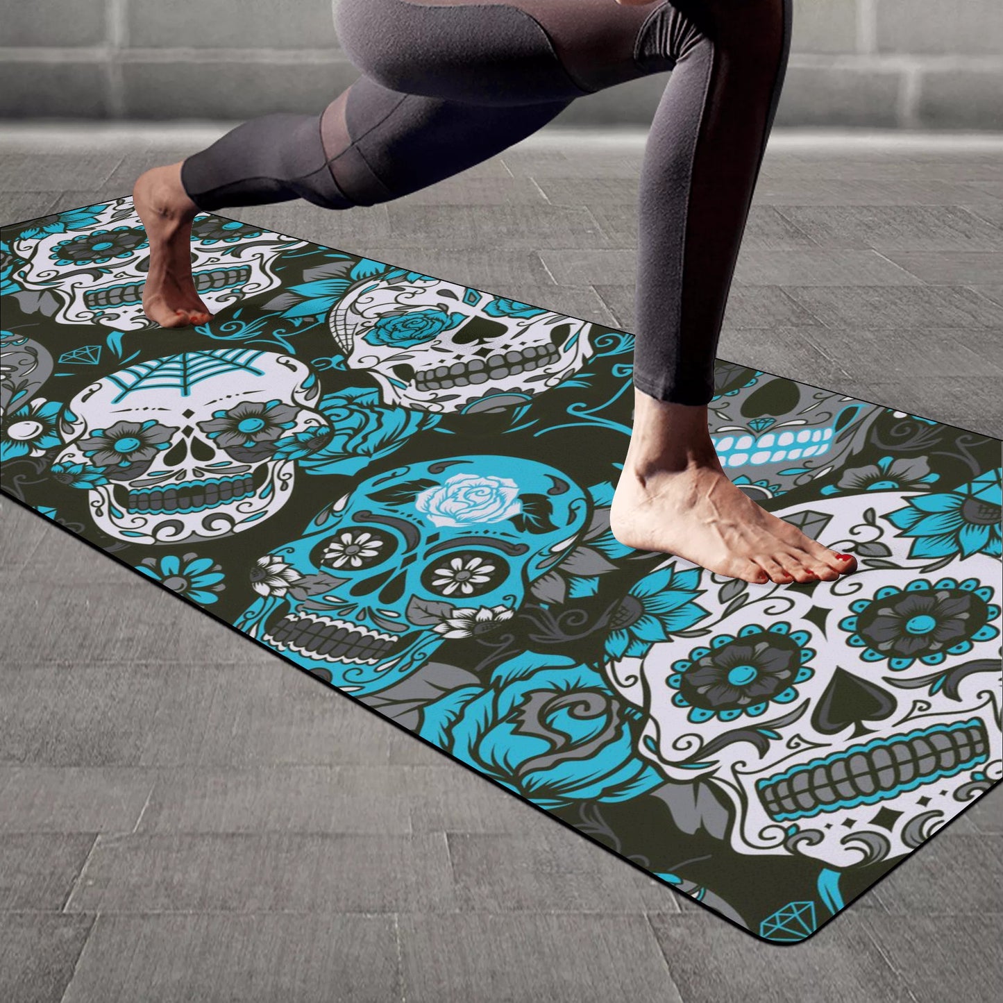 Blue sugar skull day of the dead Rubber Yoga Mat