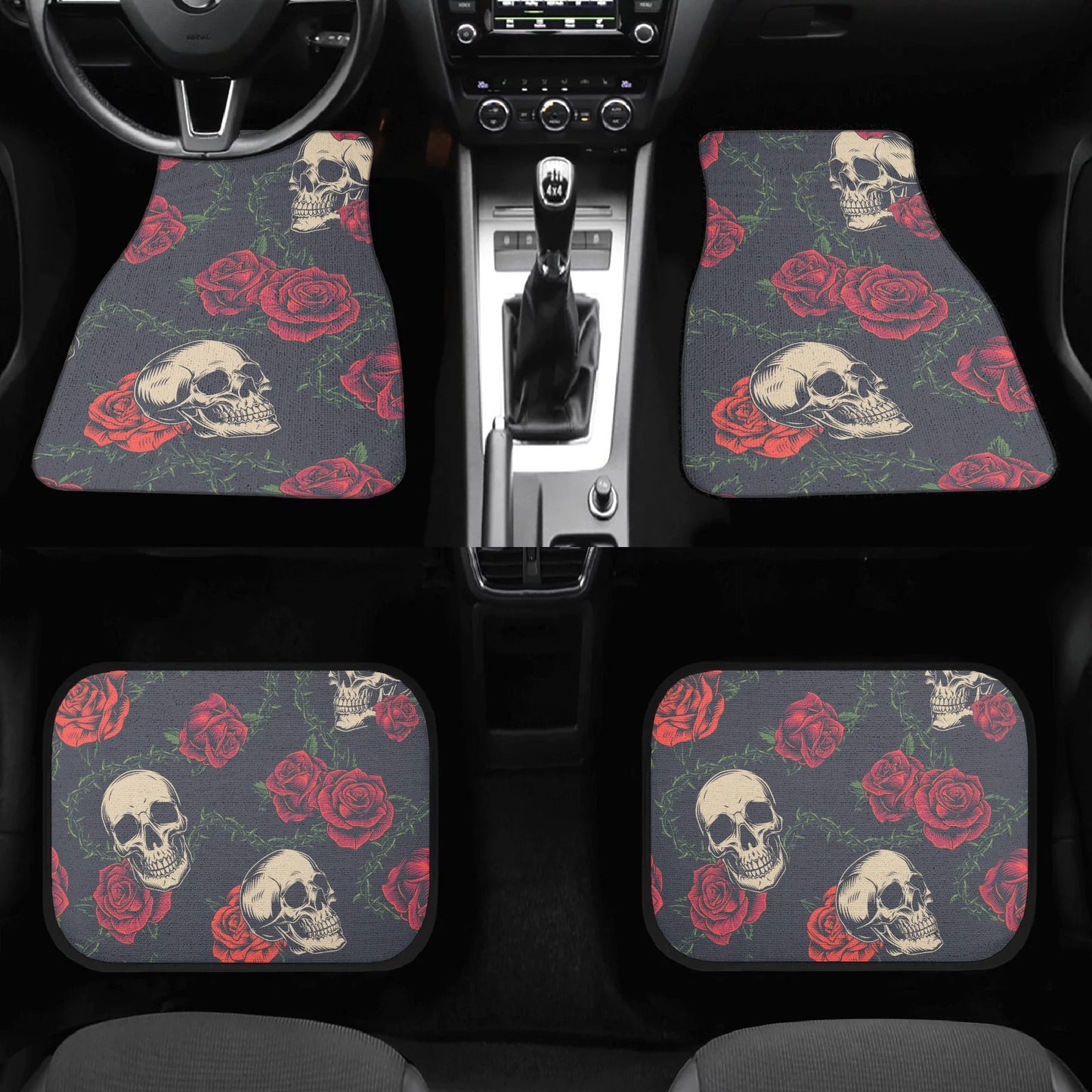 Floral sugar skull Back and Front Car Floor Mats