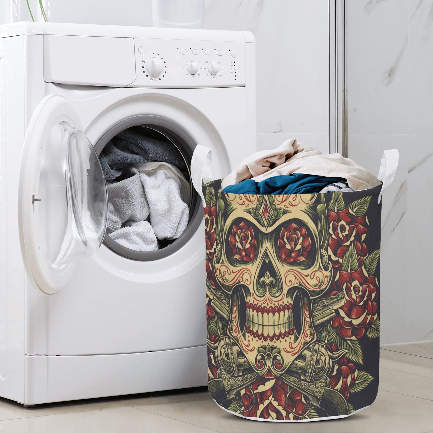 Floral mexican skull calaveras Round Laundry Basket