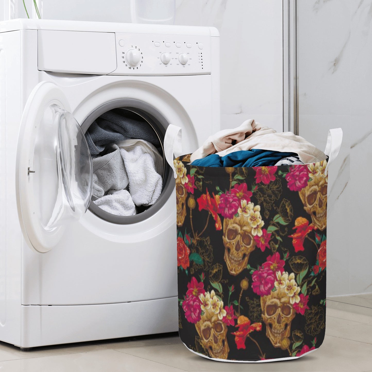 Gothic Horror floral skull Round Laundry Basket