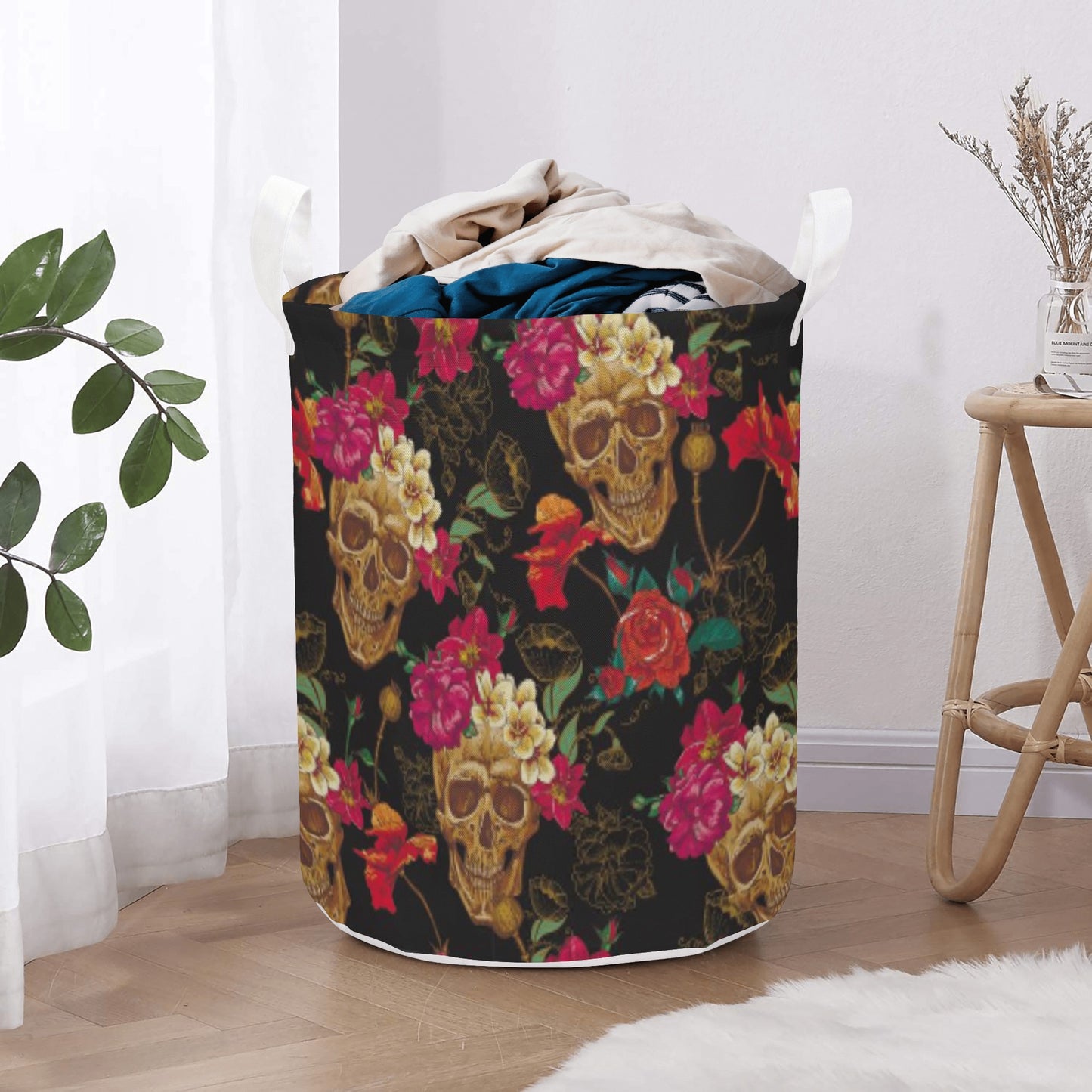 Gothic Horror floral skull Round Laundry Basket