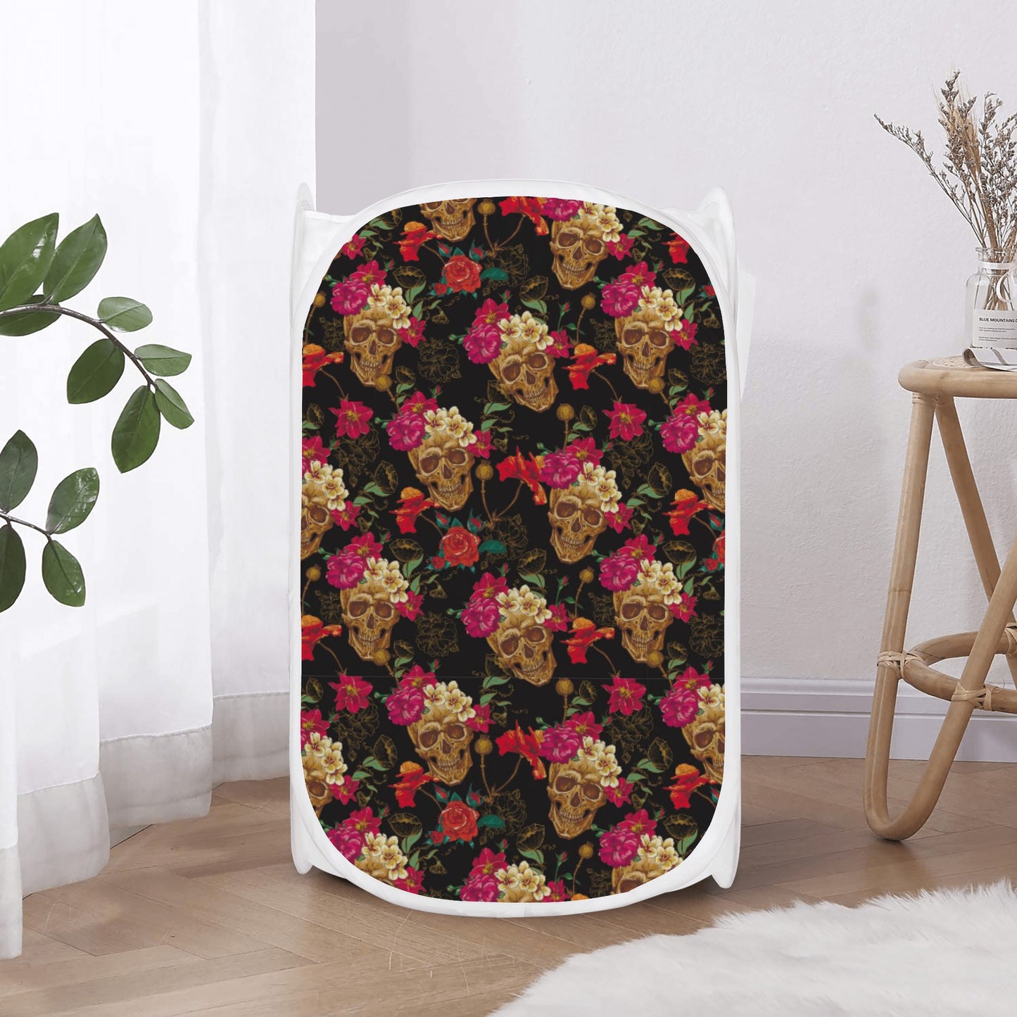 Floral rose gothic skull Laundry Hamper