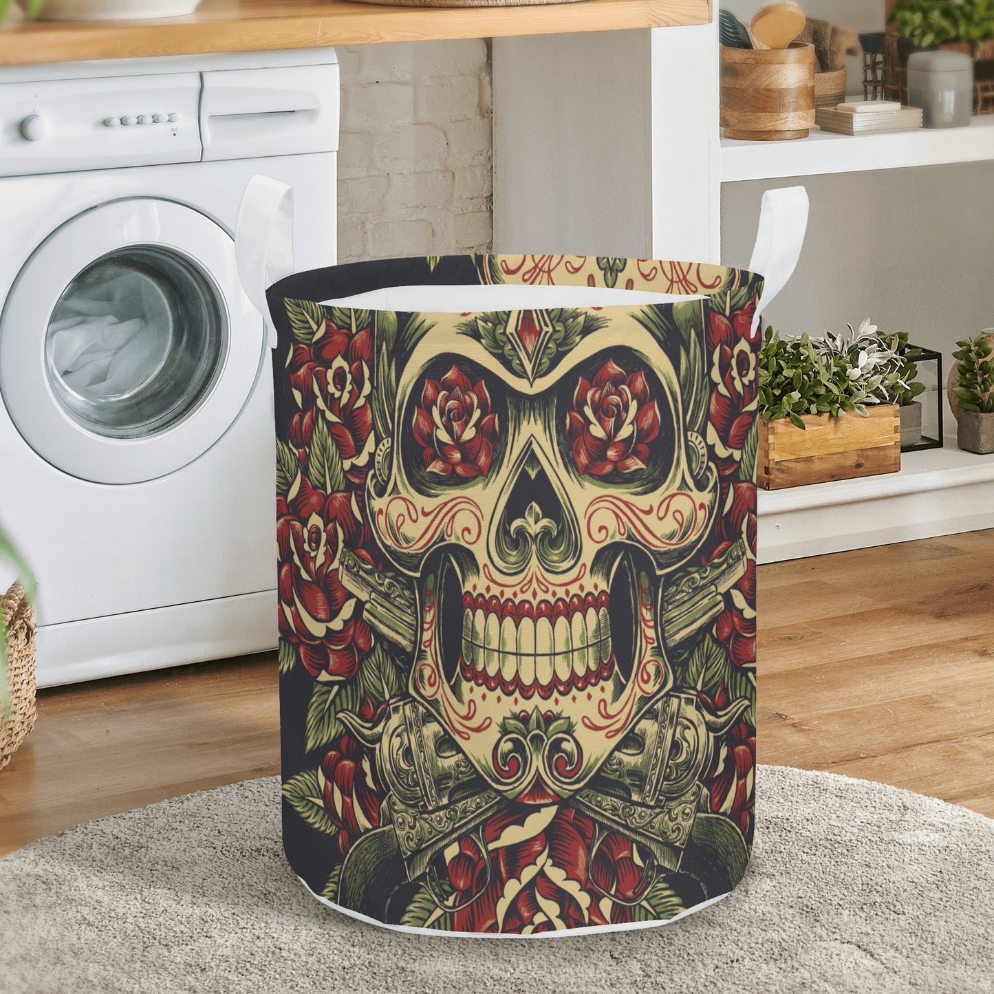 Floral mexican skull calaveras Round Laundry Basket