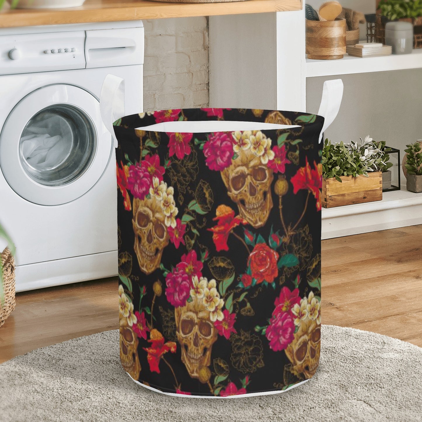 Gothic Horror floral skull Round Laundry Basket