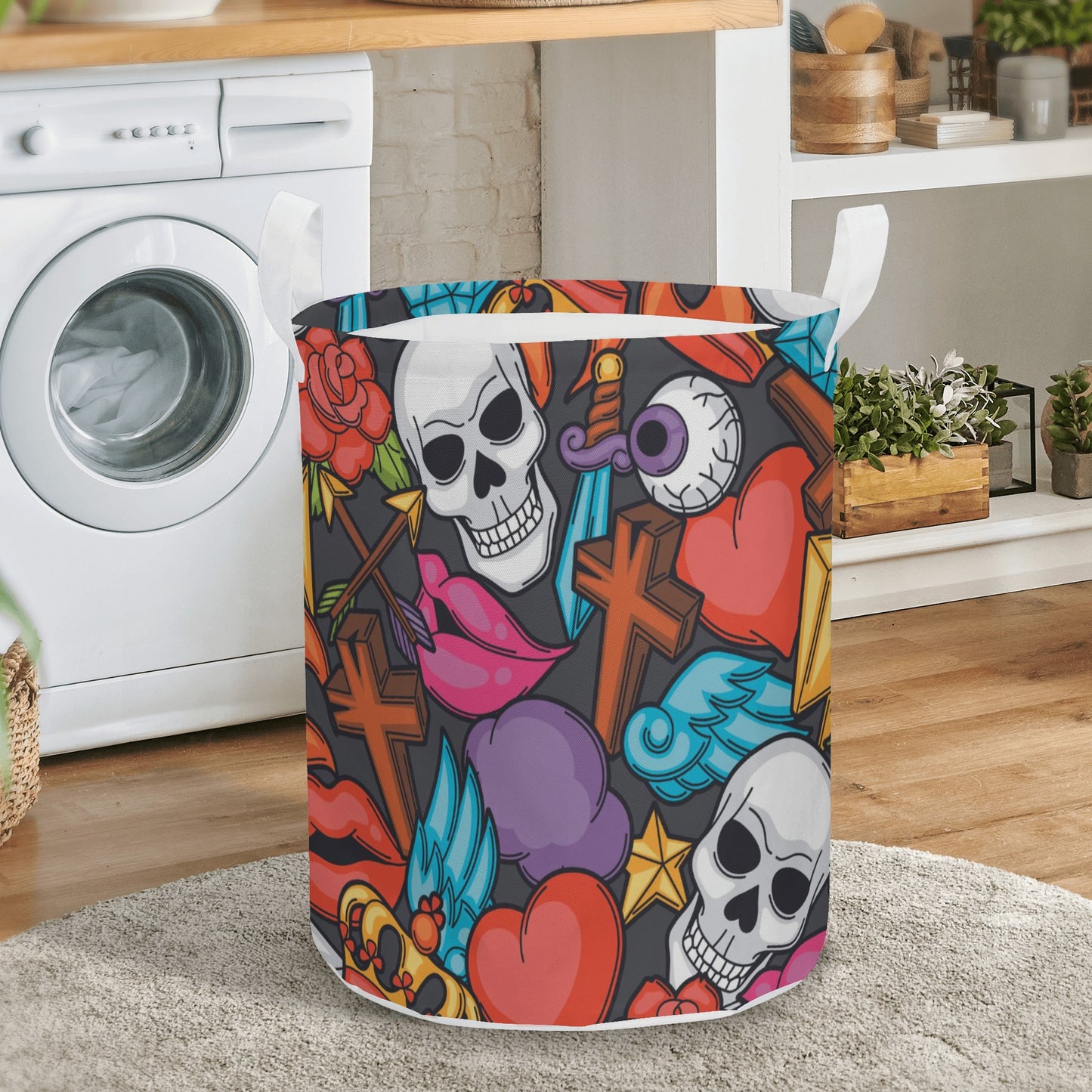 Halloween gothic skull Round Laundry Basket