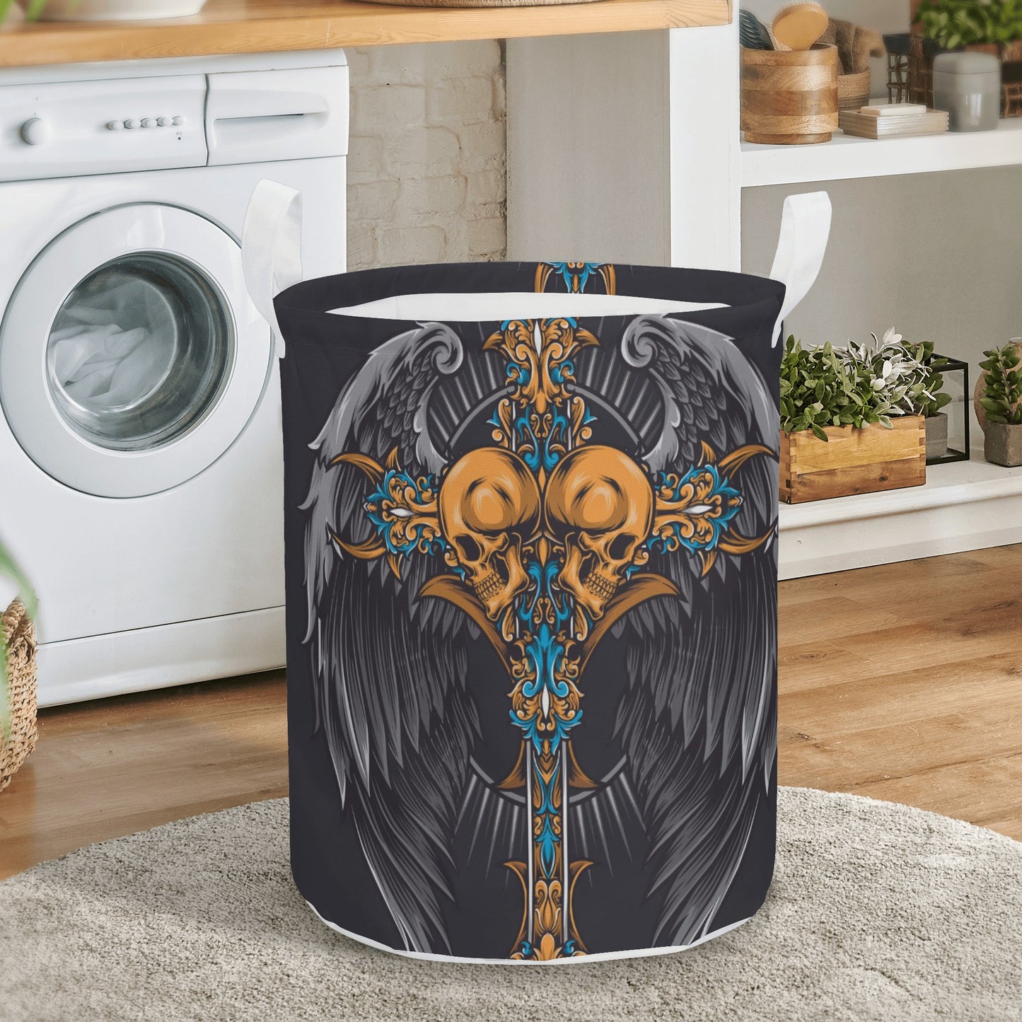 Wings angel skull Round Laundry Basket
