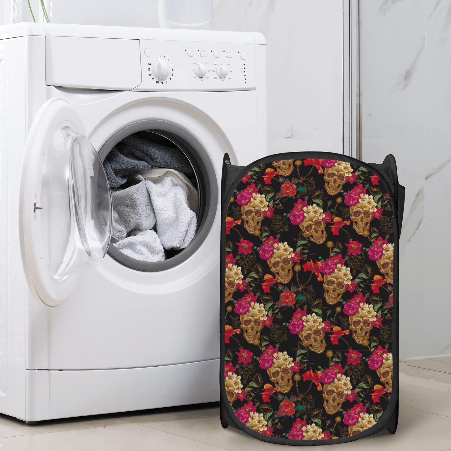 Floral rose gothic skull Laundry Hamper