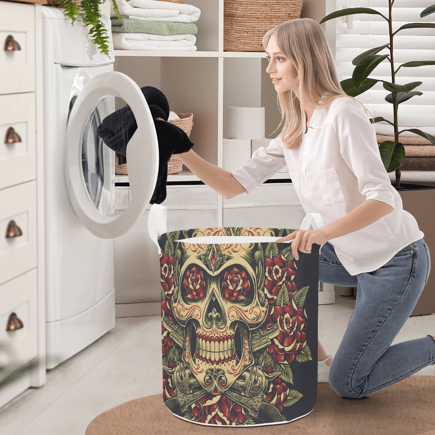 Floral mexican skull calaveras Round Laundry Basket