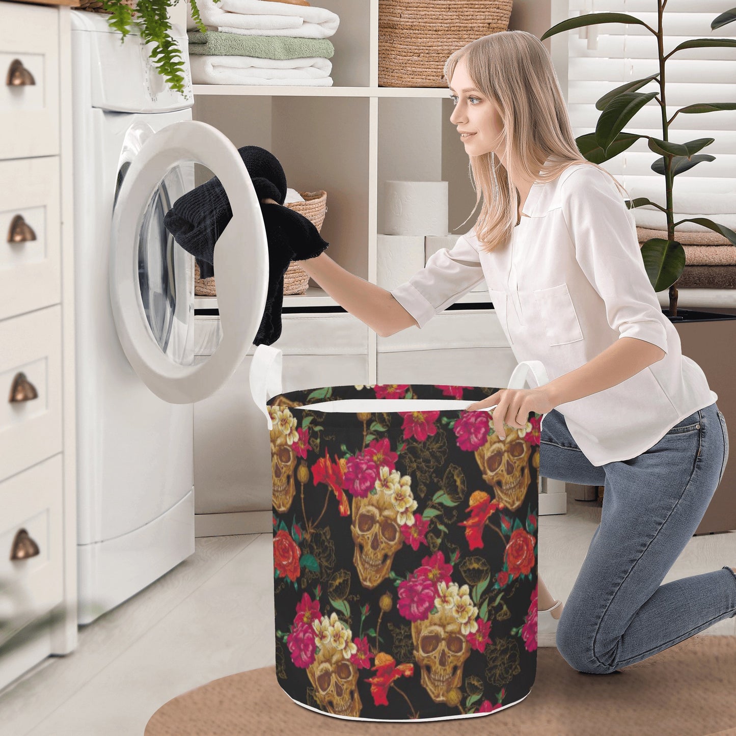 Gothic Horror floral skull Round Laundry Basket