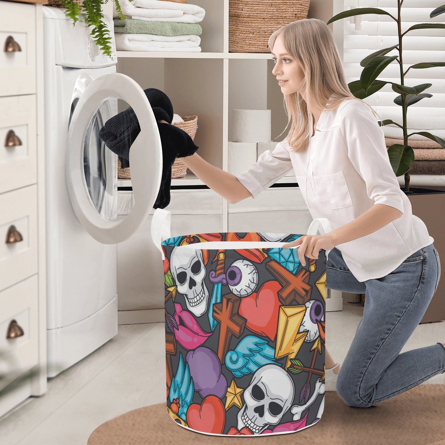 Halloween gothic skull Round Laundry Basket