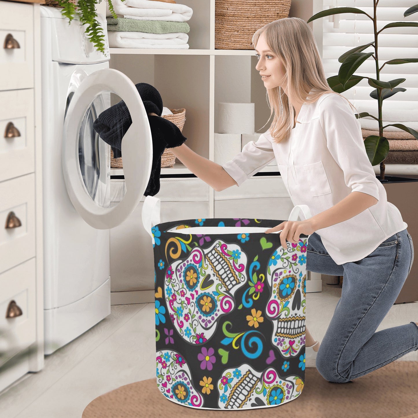 Sugar skull dia de los muertos skull Round Laundry Basket