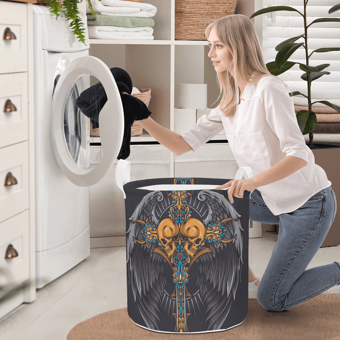 Wings angel skull Round Laundry Basket