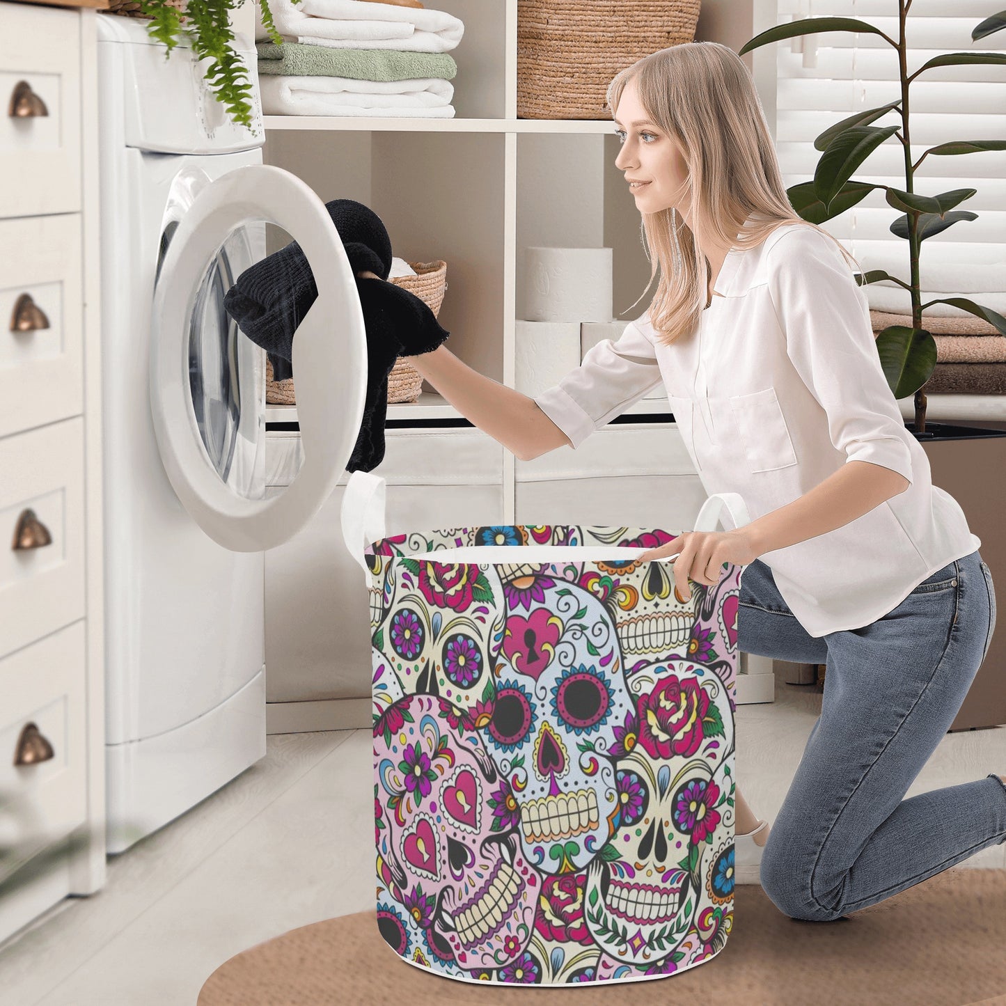 Day of the dead skull gothic mexican skull Round Laundry Basket