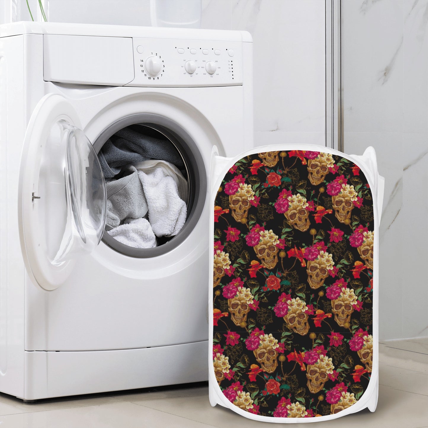 Floral rose gothic skull Laundry Hamper