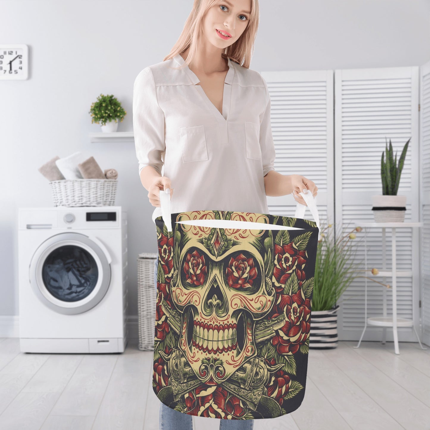 Floral mexican skull calaveras Round Laundry Basket