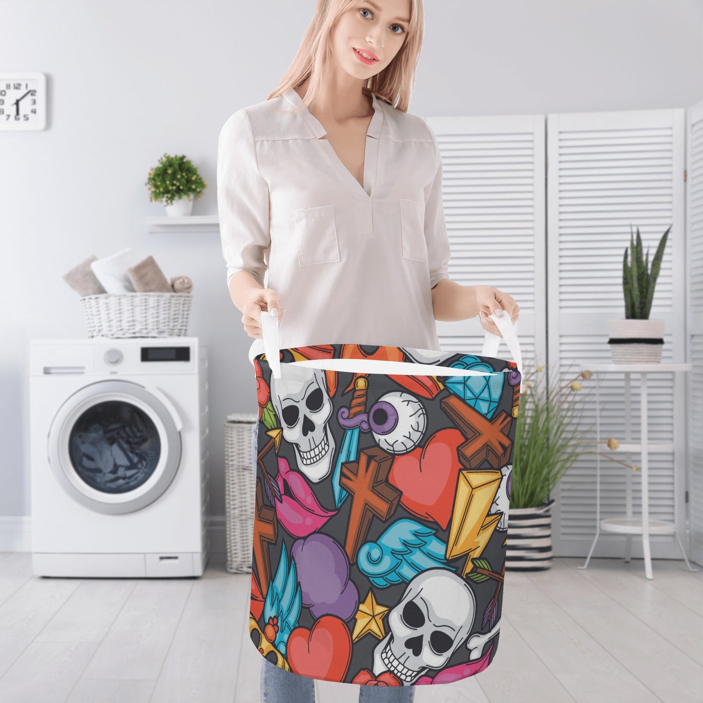 Halloween gothic skull Round Laundry Basket
