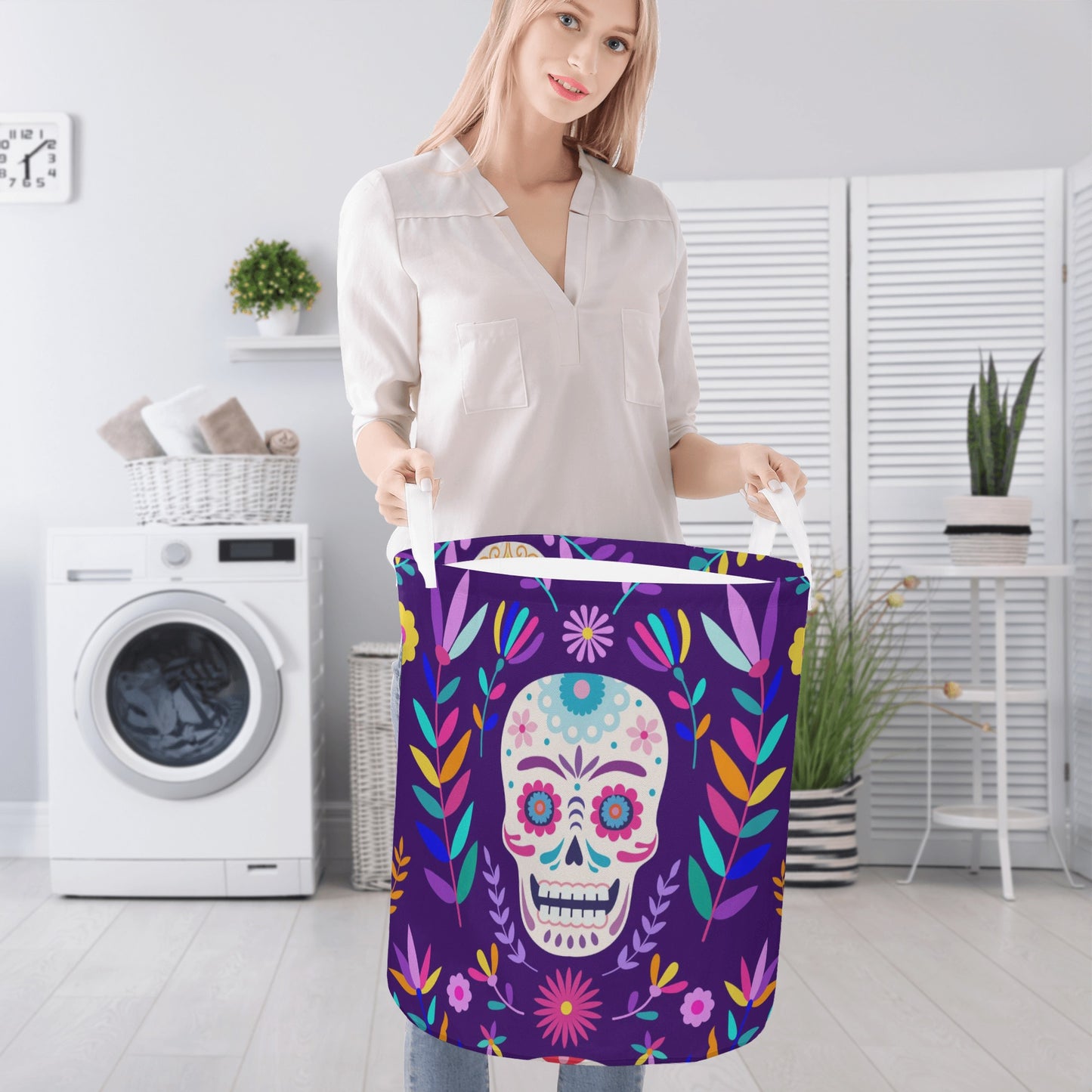 Day of the dead dia de los muertos skull Round Laundry Basket