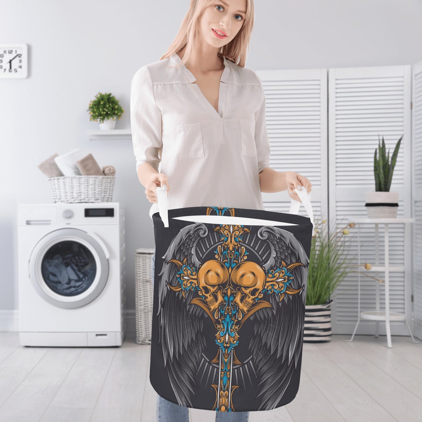Wings angel skull Round Laundry Basket