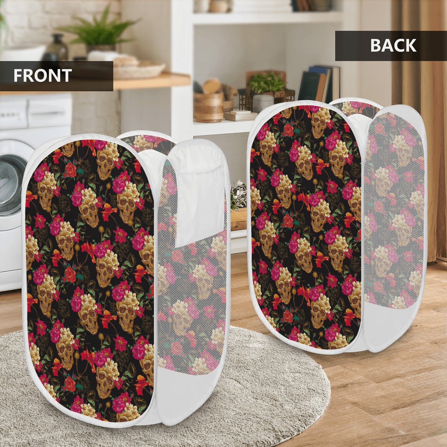 Floral rose gothic skull Laundry Hamper