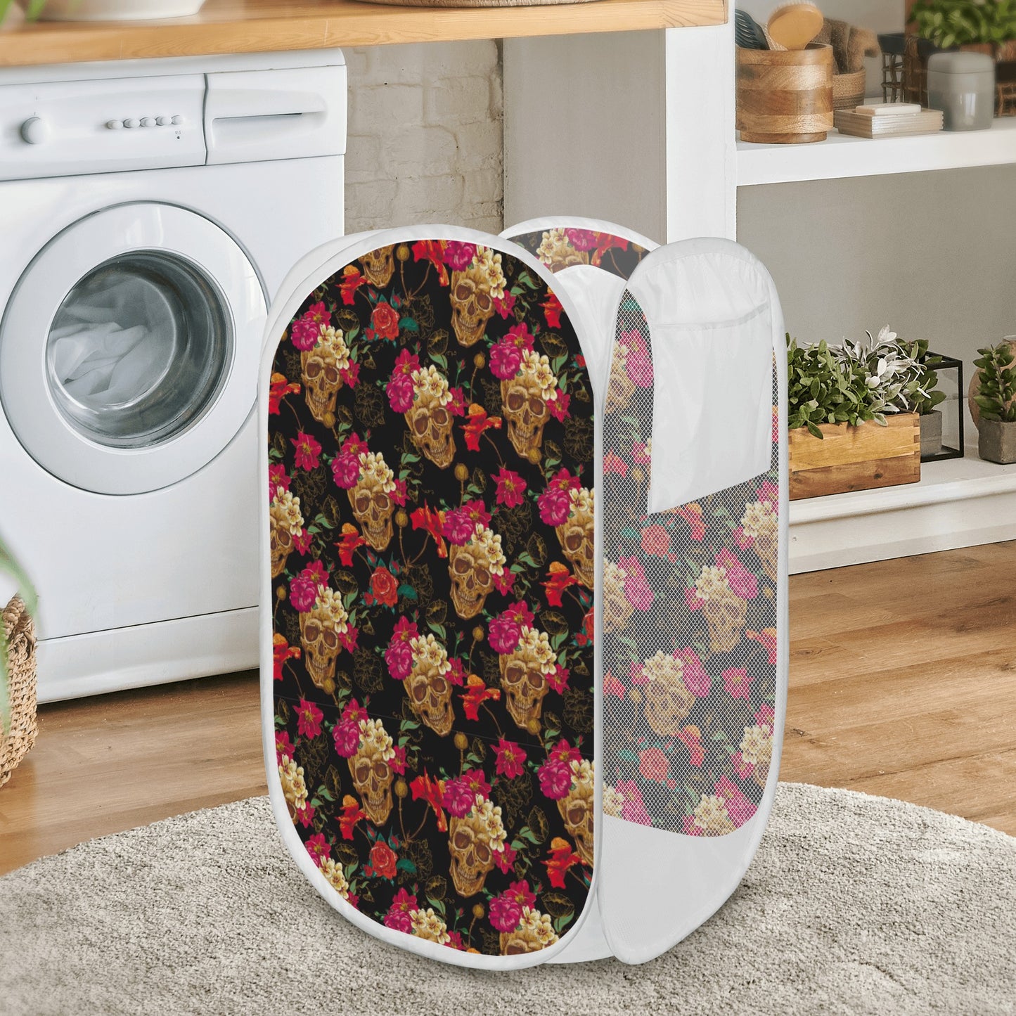 Floral rose gothic skull Laundry Hamper