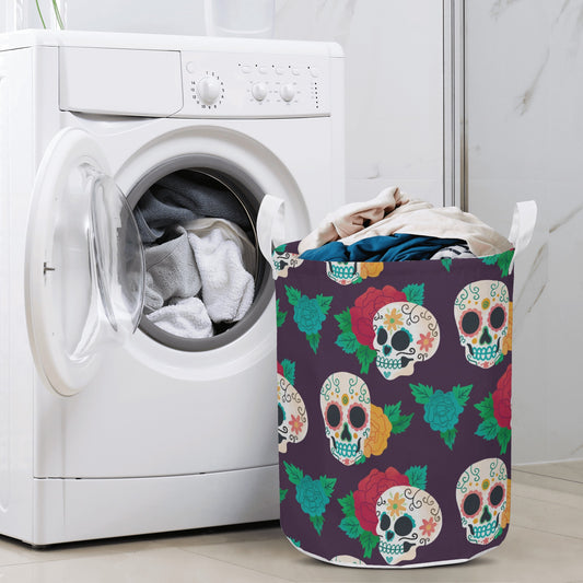 Floral sugar skull Round Laundry Basket