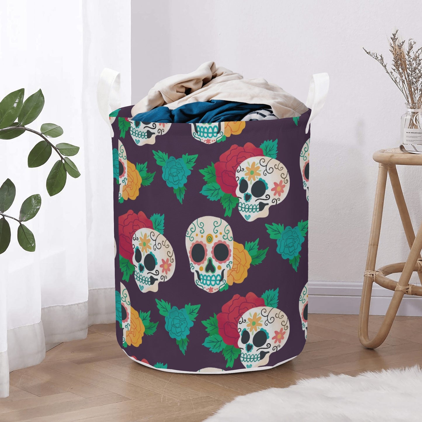Floral sugar skull Round Laundry Basket