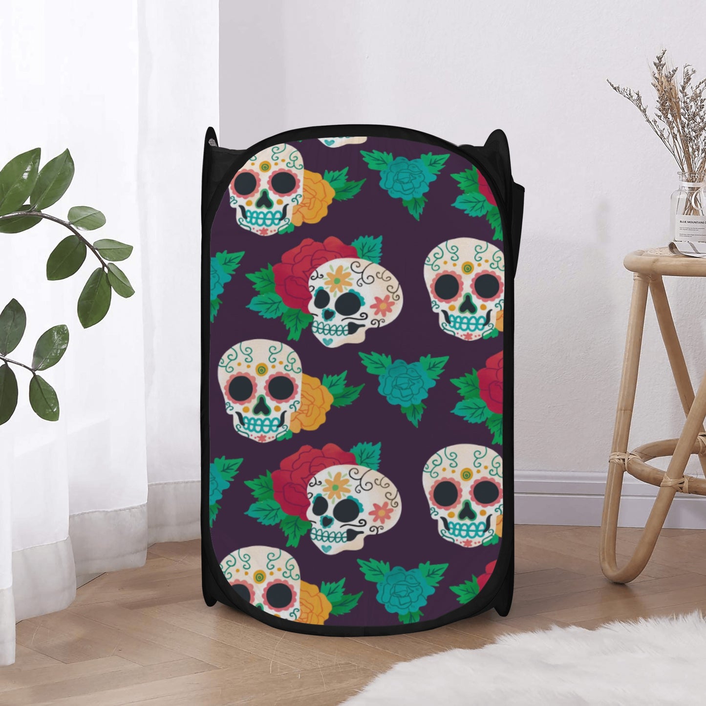 Floral sugar skull day of the dead Laundry Hamper