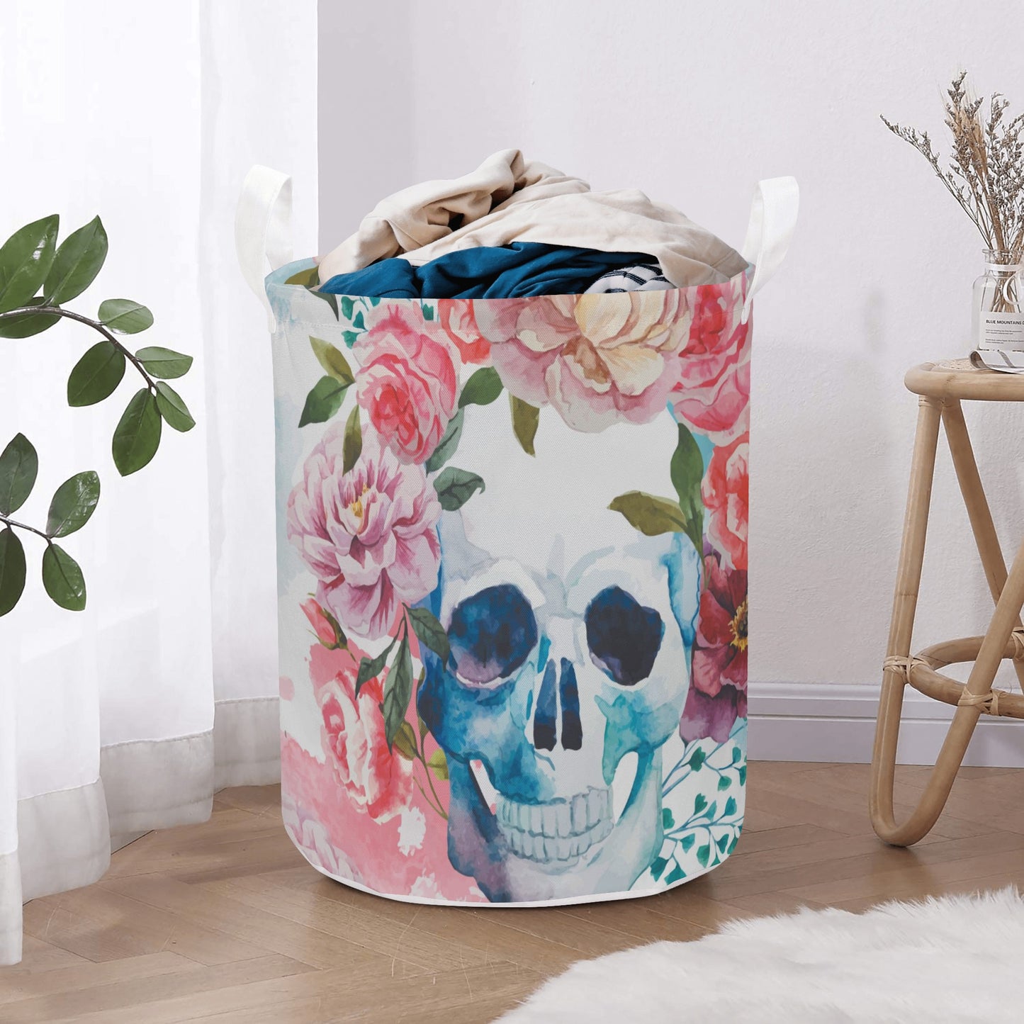 Rose sugar skull skeleton Round Laundry Basket