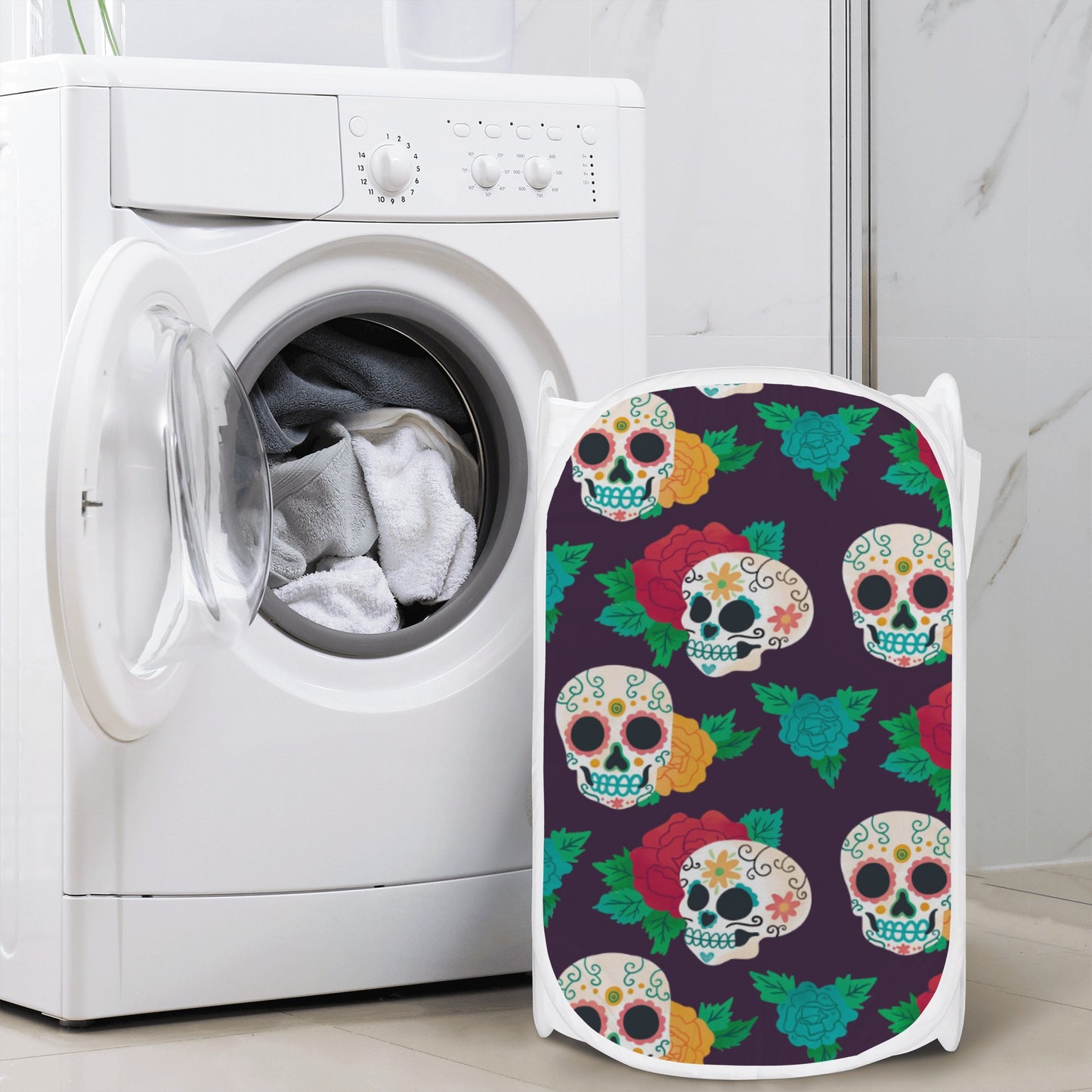 Floral sugar skull day of the dead Laundry Hamper