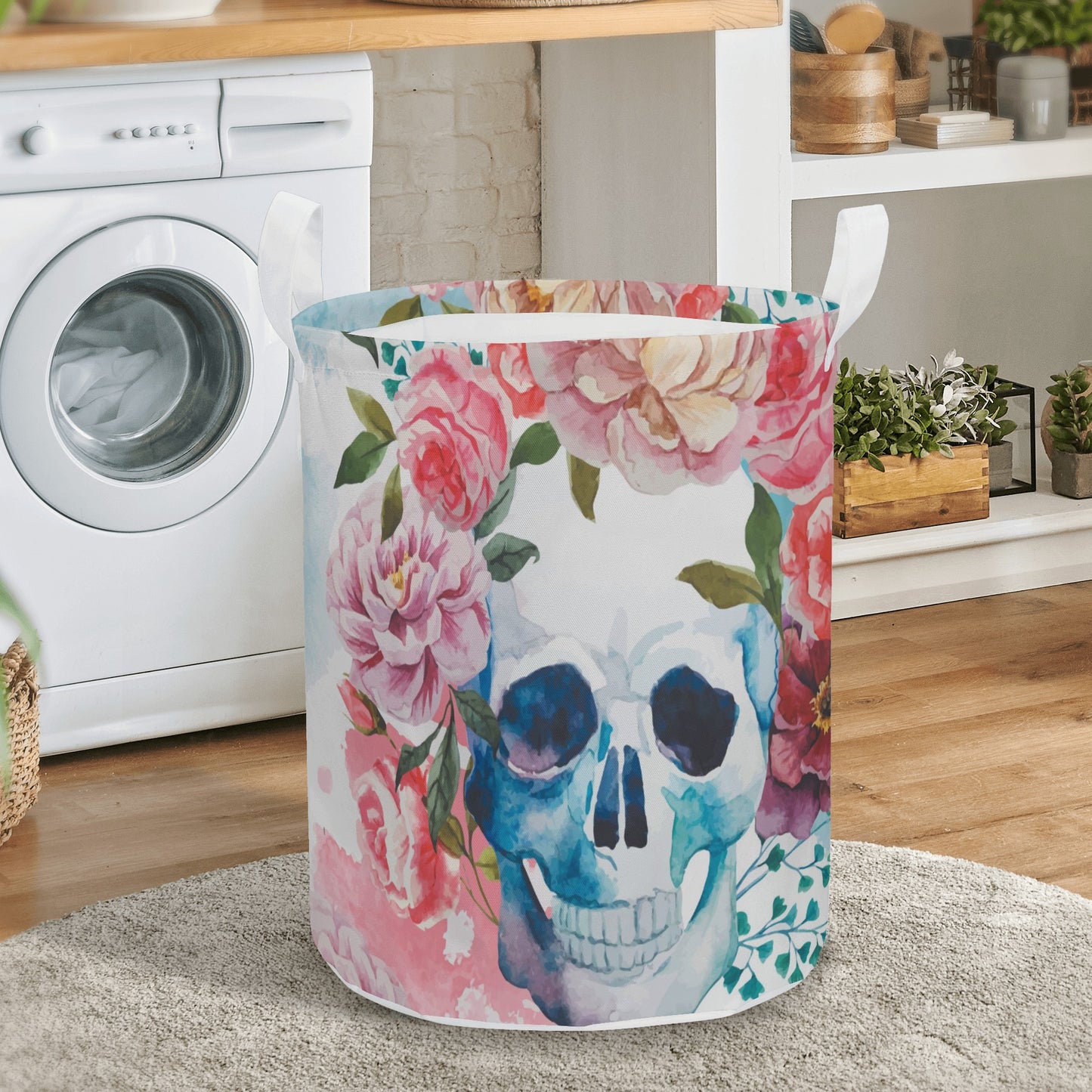 Rose sugar skull skeleton Round Laundry Basket