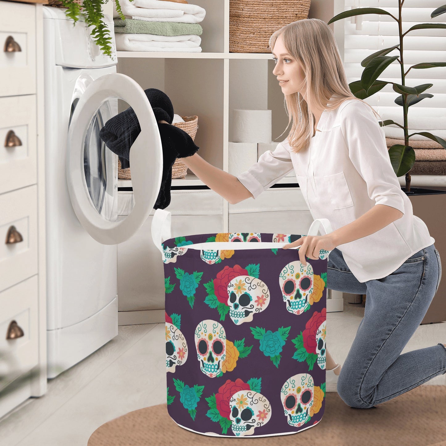 Floral sugar skull Round Laundry Basket