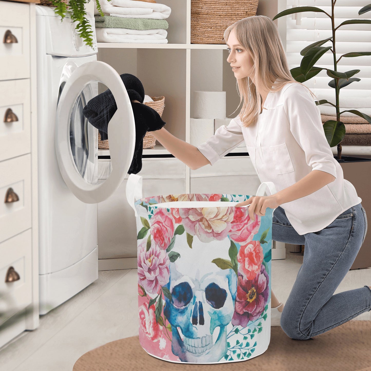 Rose sugar skull skeleton Round Laundry Basket