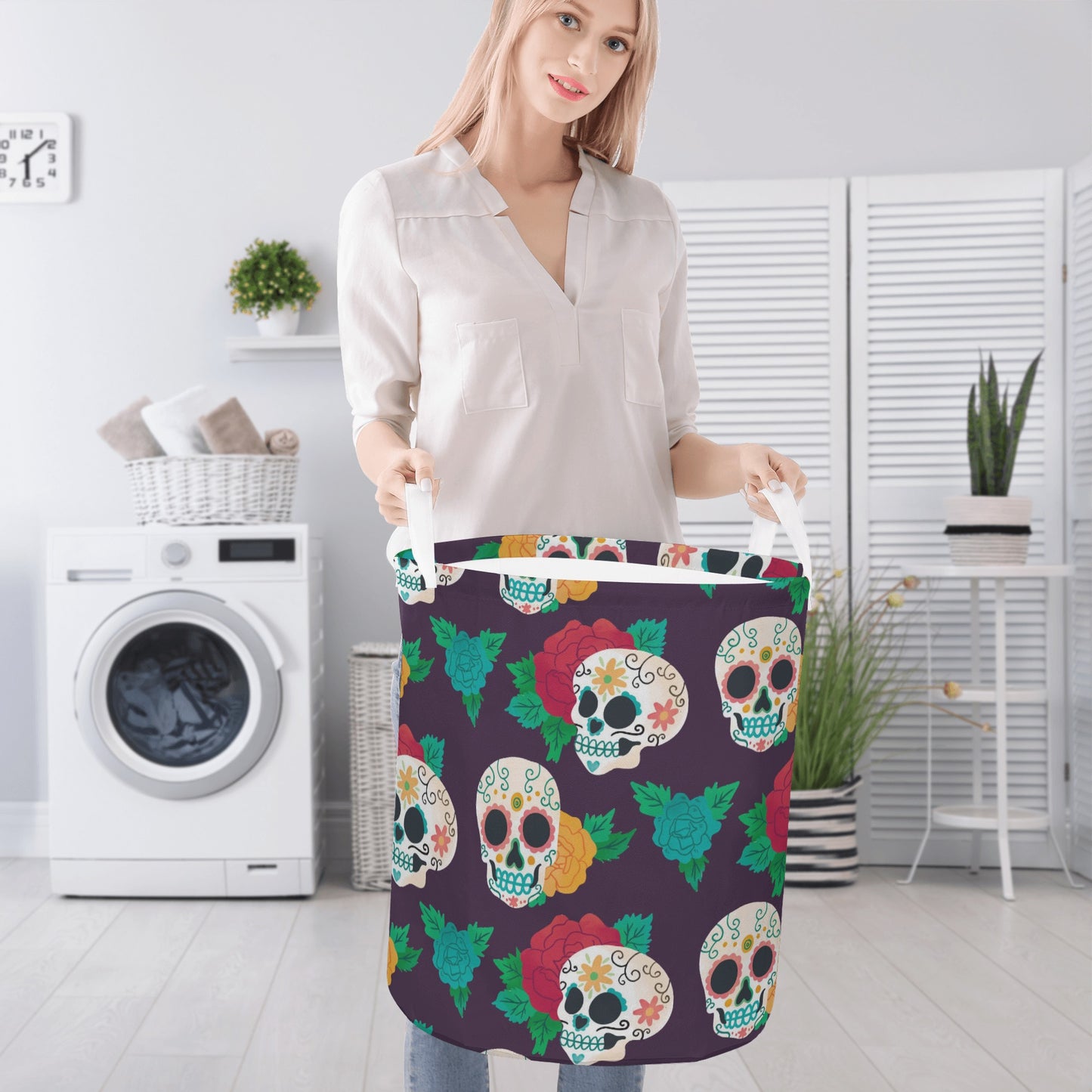 Floral sugar skull Round Laundry Basket