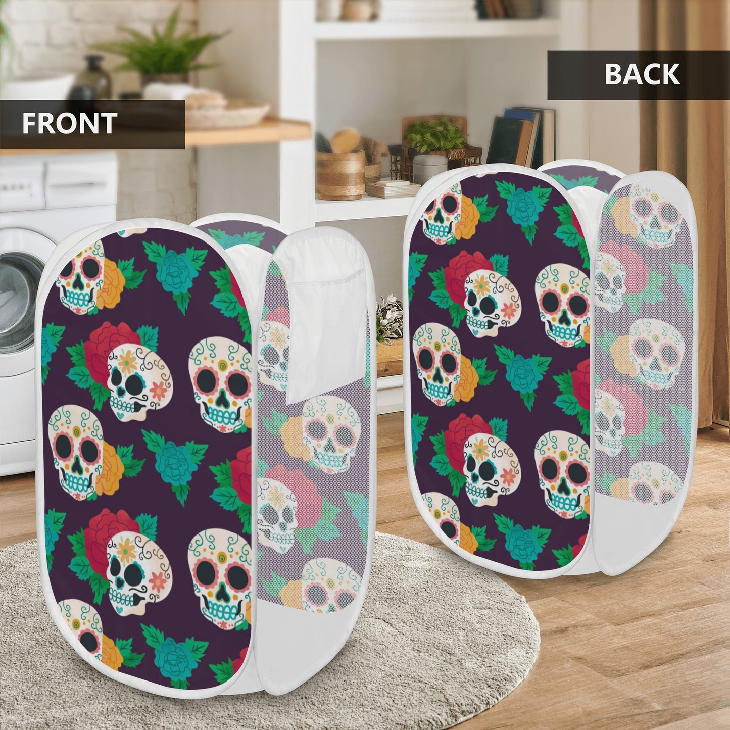 Floral sugar skull day of the dead Laundry Hamper
