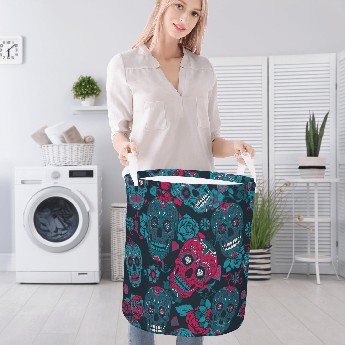 Dia de los muertos sugar skull Round Laundry Basket