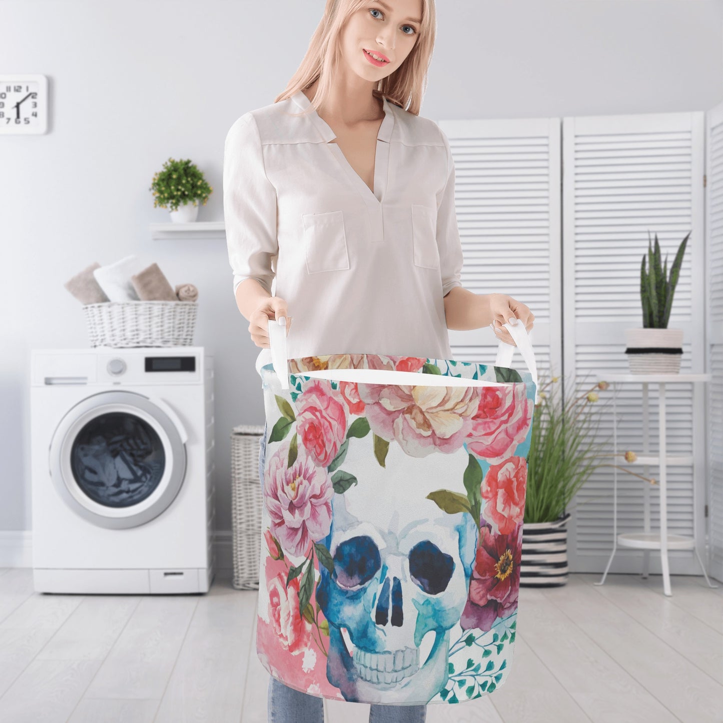Rose sugar skull skeleton Round Laundry Basket