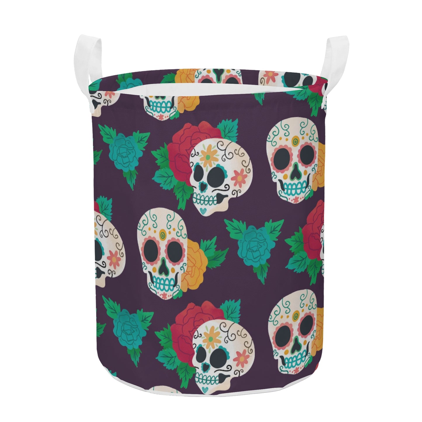 Floral sugar skull Round Laundry Basket