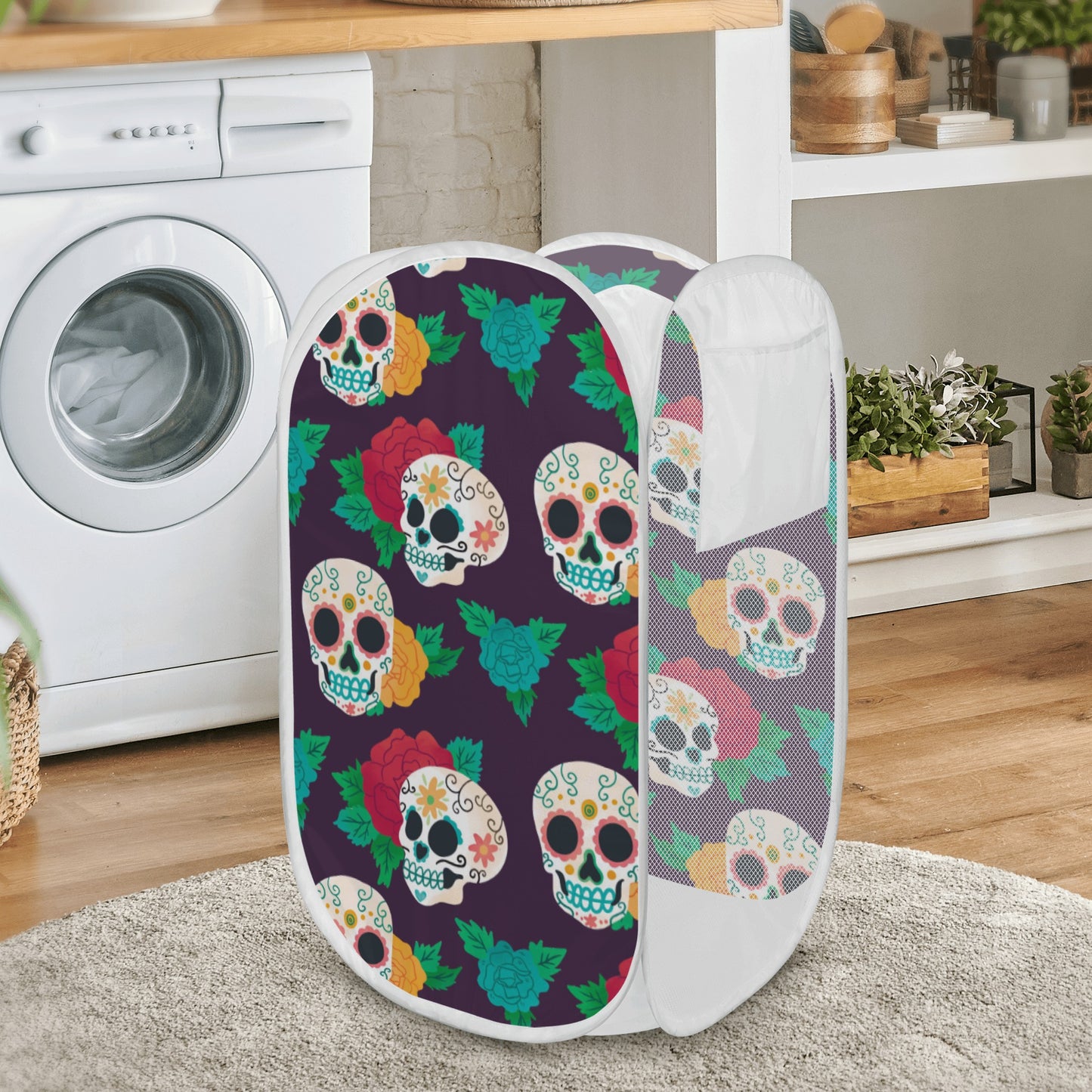Floral sugar skull day of the dead Laundry Hamper