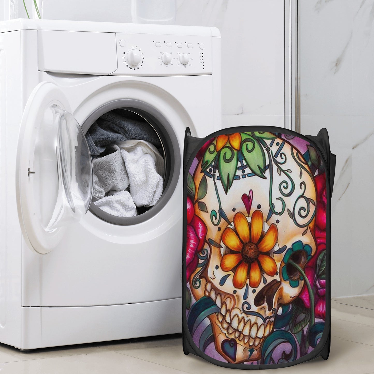 Floral dia de los muertos skull Laundry Hamper