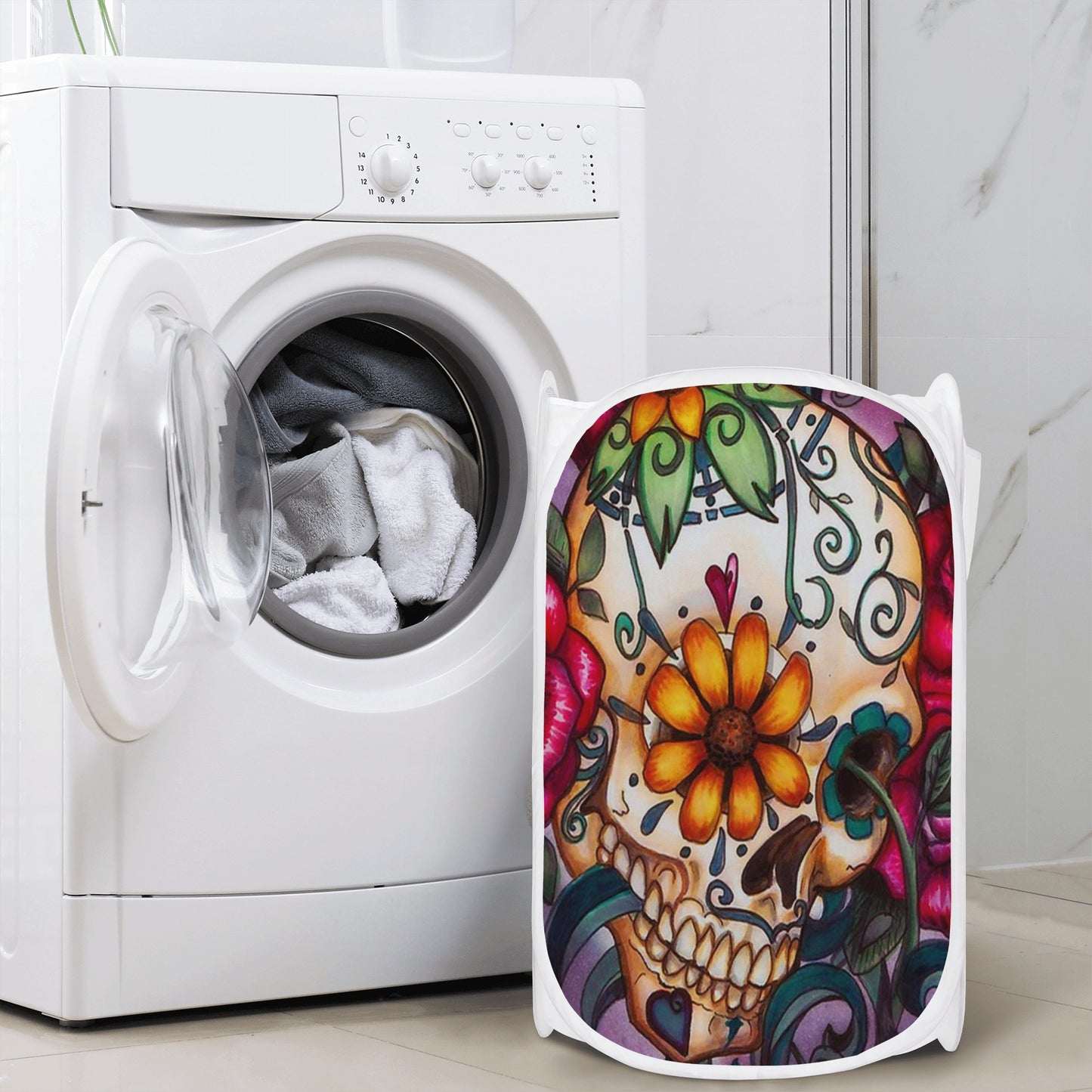 Floral dia de los muertos skull Laundry Hamper