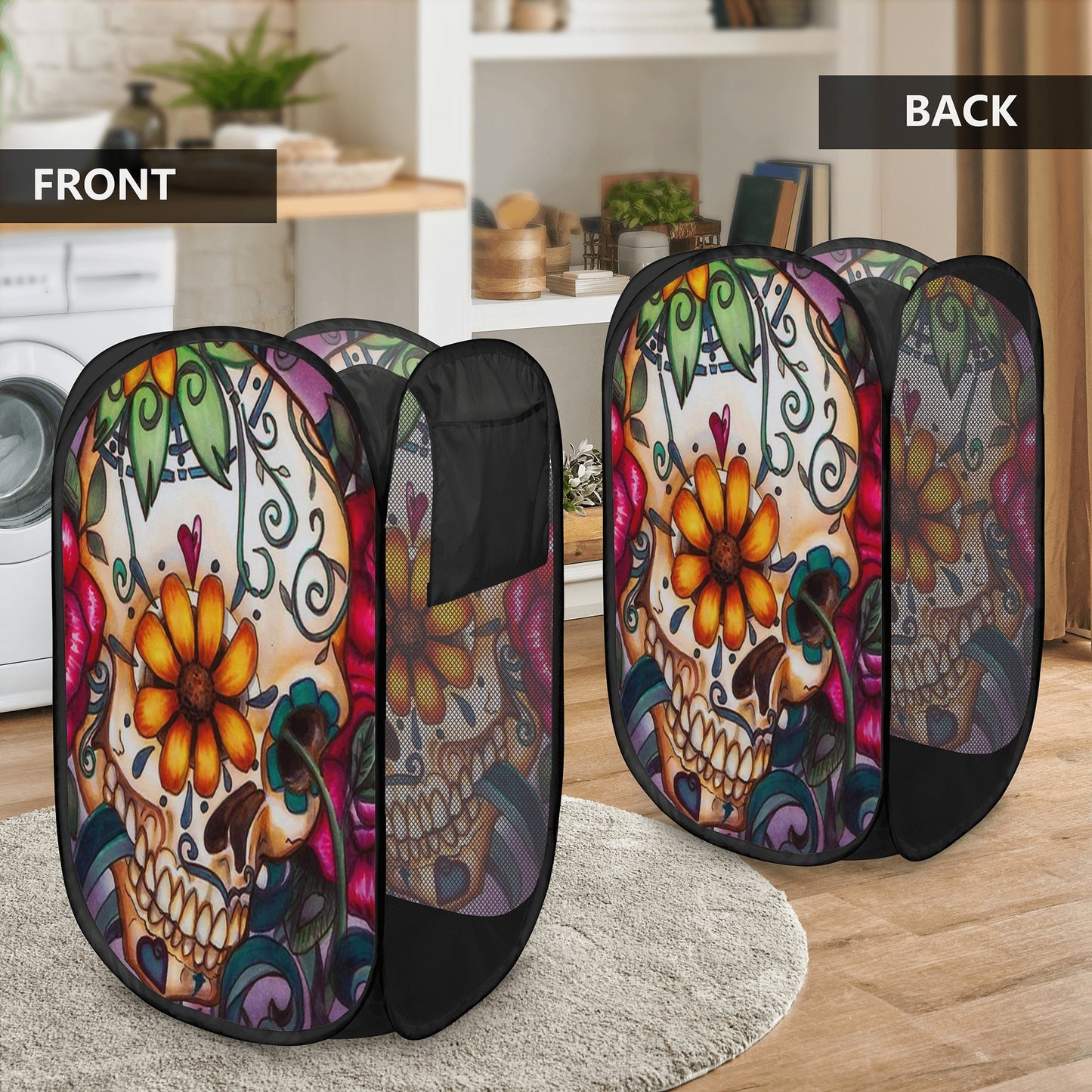 Floral dia de los muertos skull Laundry Hamper