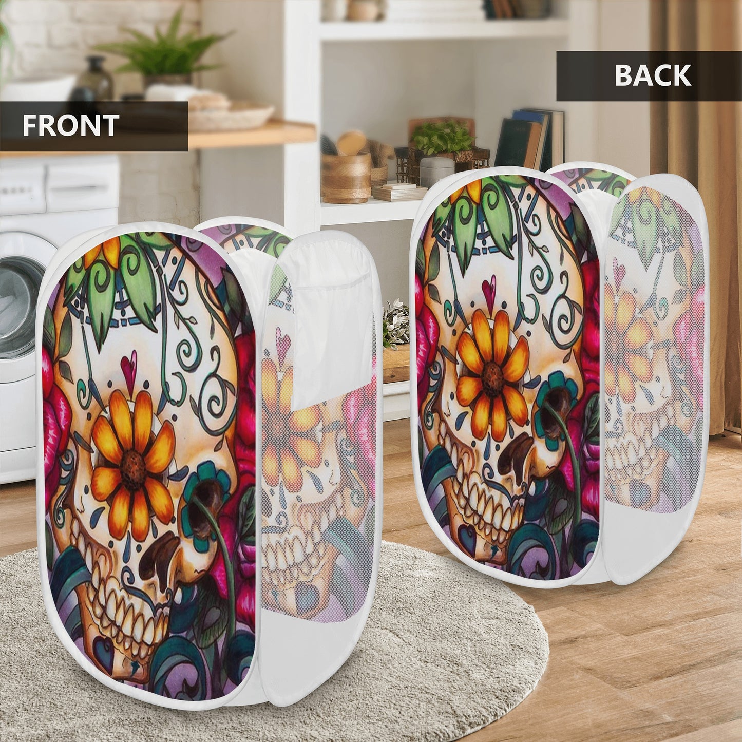 Floral dia de los muertos skull Laundry Hamper