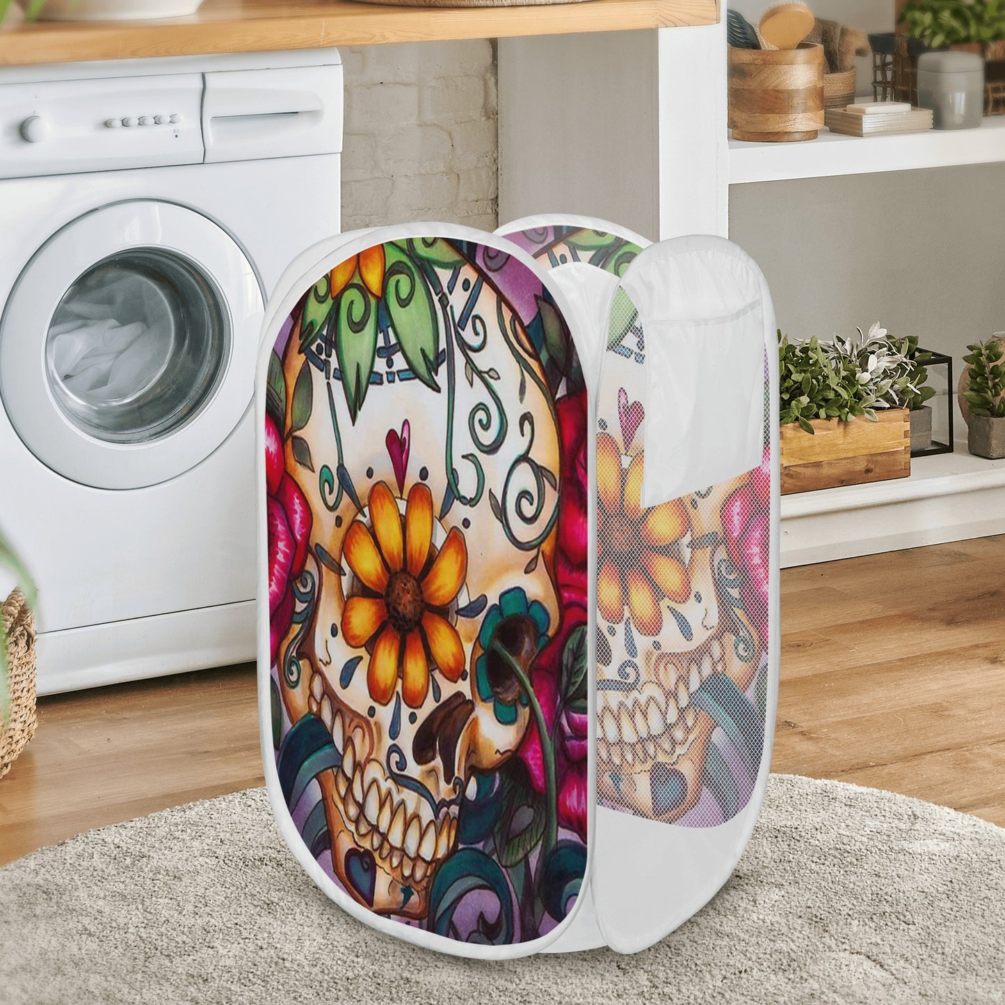 Floral dia de los muertos skull Laundry Hamper