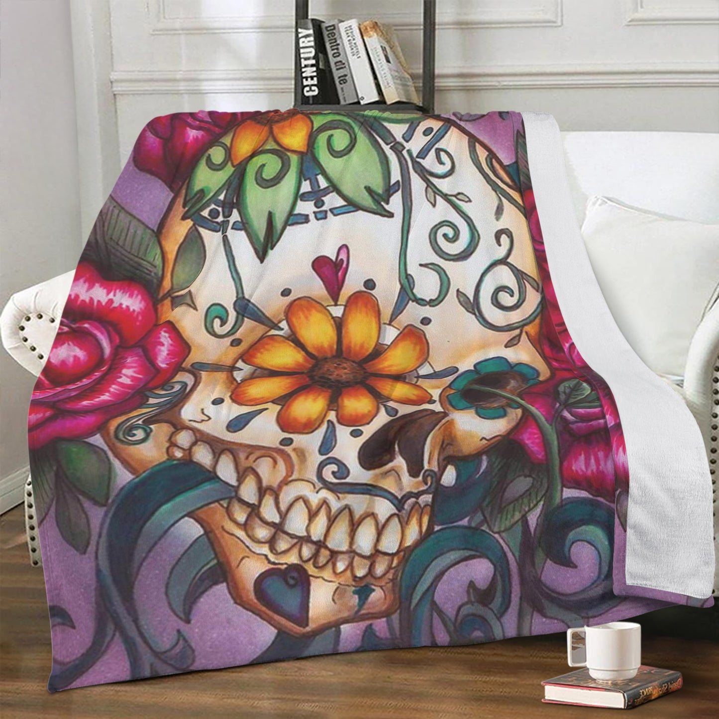 Floral sugar skull day of the dead Blanket Fleece