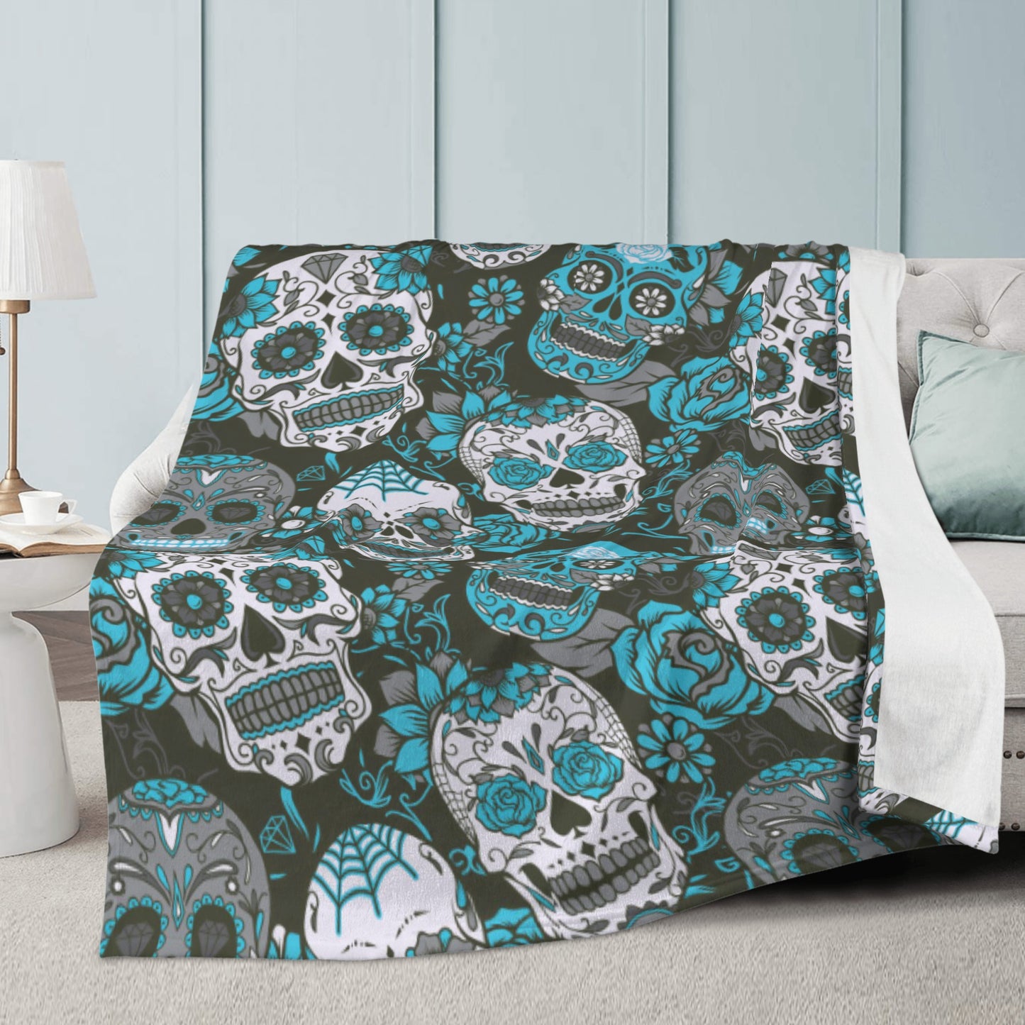 Blue sugar skull day of the dead Blanket Fleece