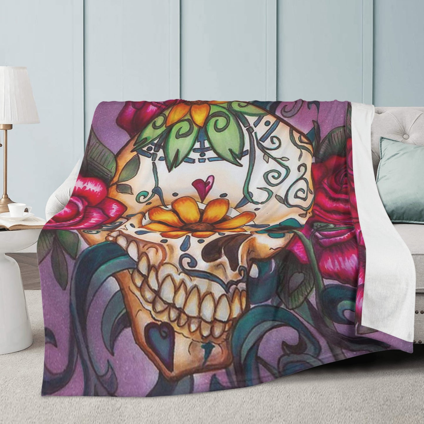 Floral sugar skull day of the dead Blanket Fleece