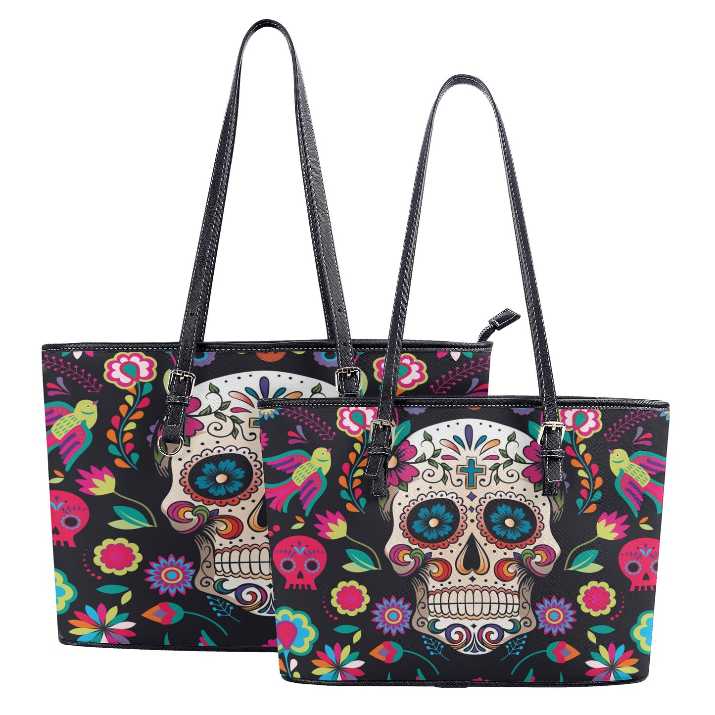 Dia de los muertos sugar skull calaveras Leather Tote Bags