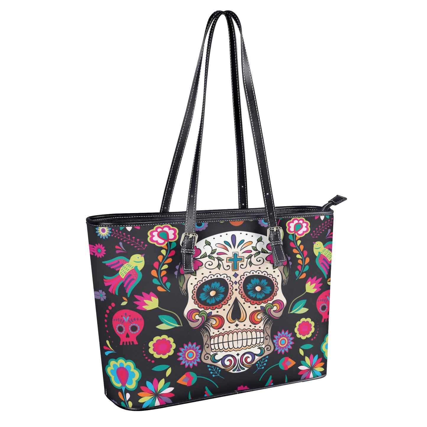 Dia de los muertos sugar skull calaveras Leather Tote Bags