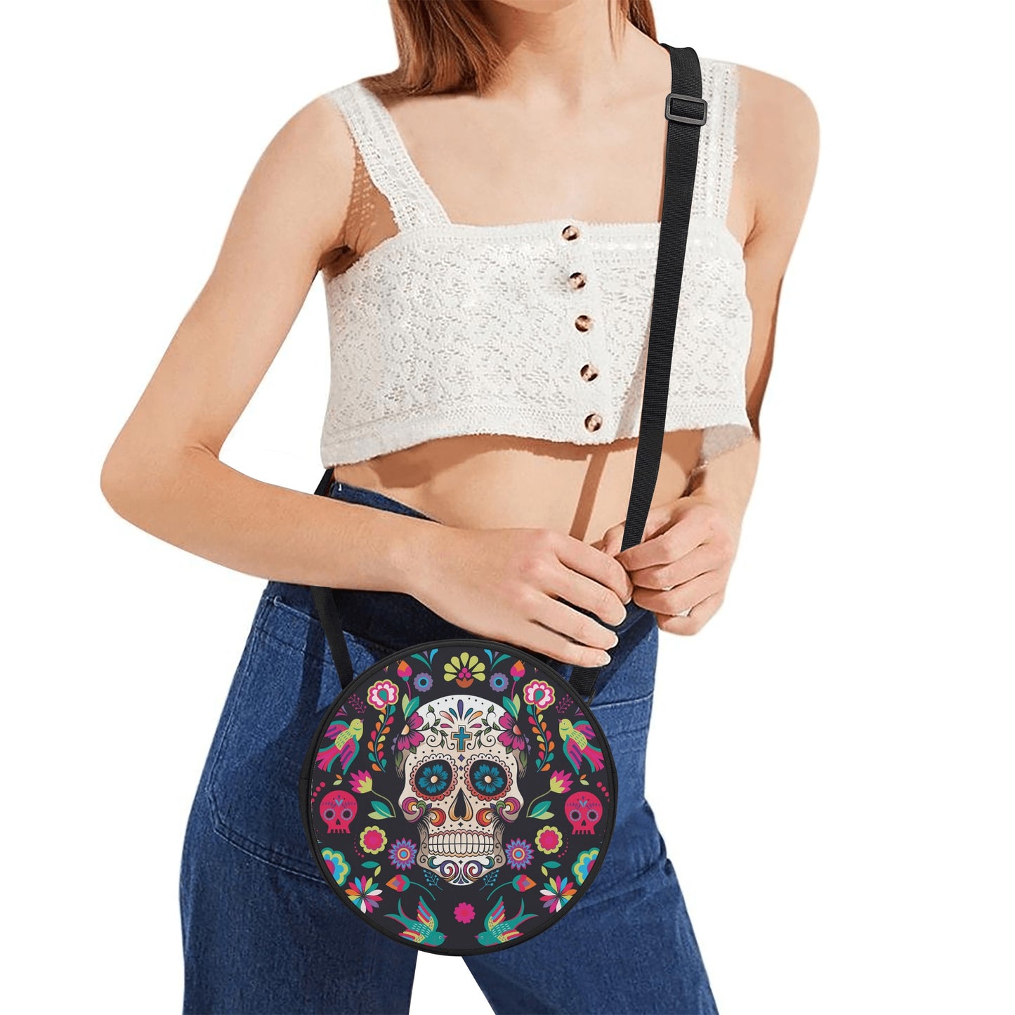 Dia de los muertos sugar skull calaveras Round Satchel Bags