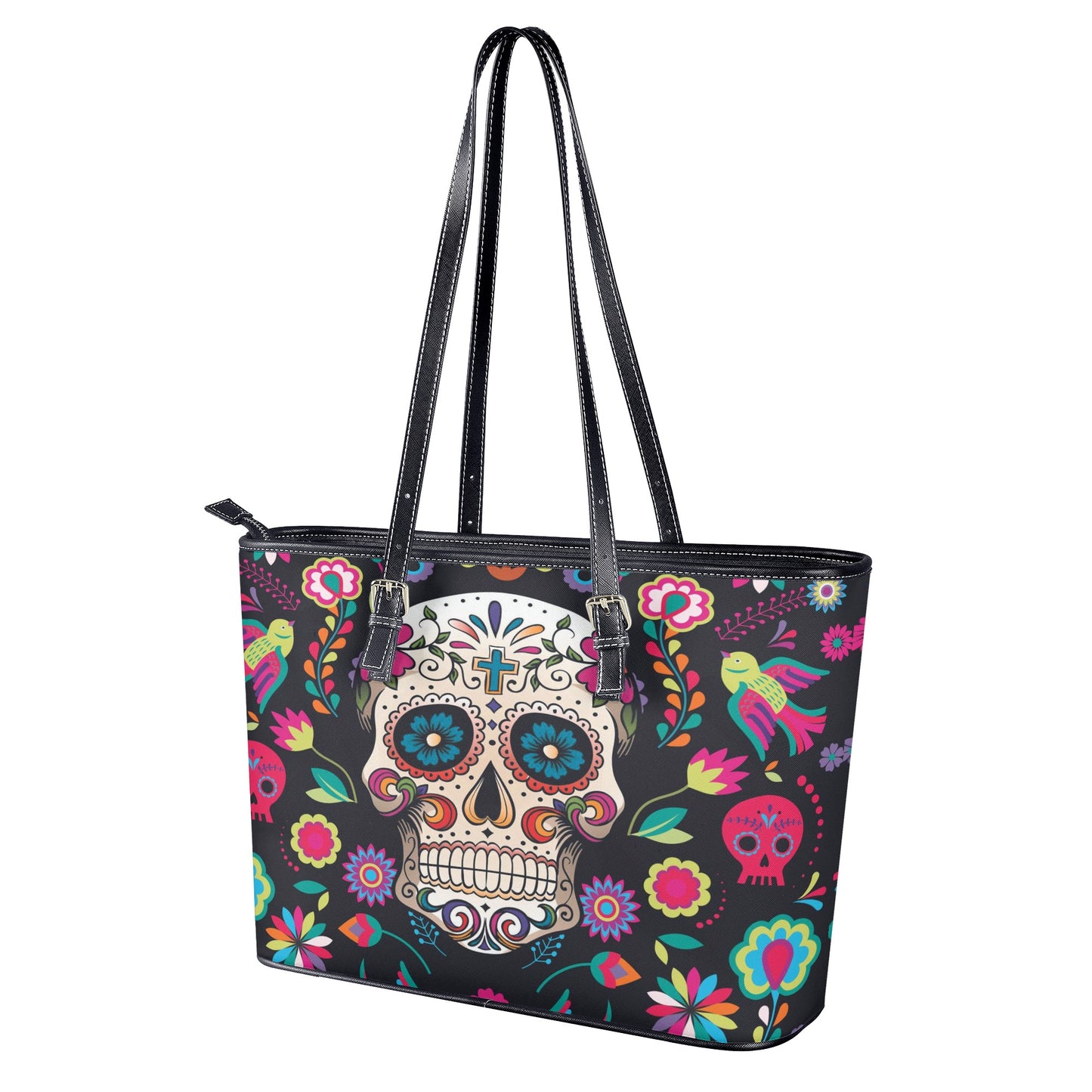 Dia de los muertos sugar skull calaveras Leather Tote Bags